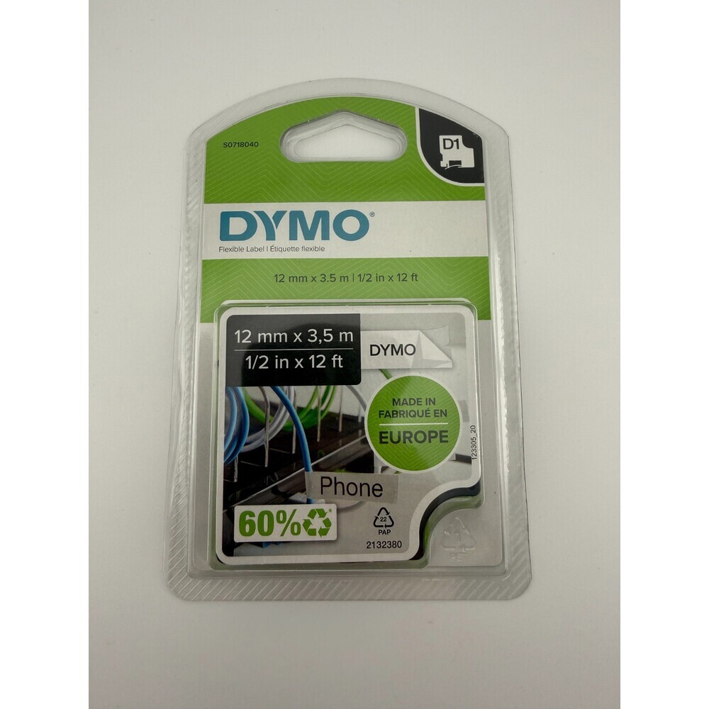 NEW Dymo D1 Flexible Nylon Label Tape Black on White 1/2" x 12ft 12mm S0718040